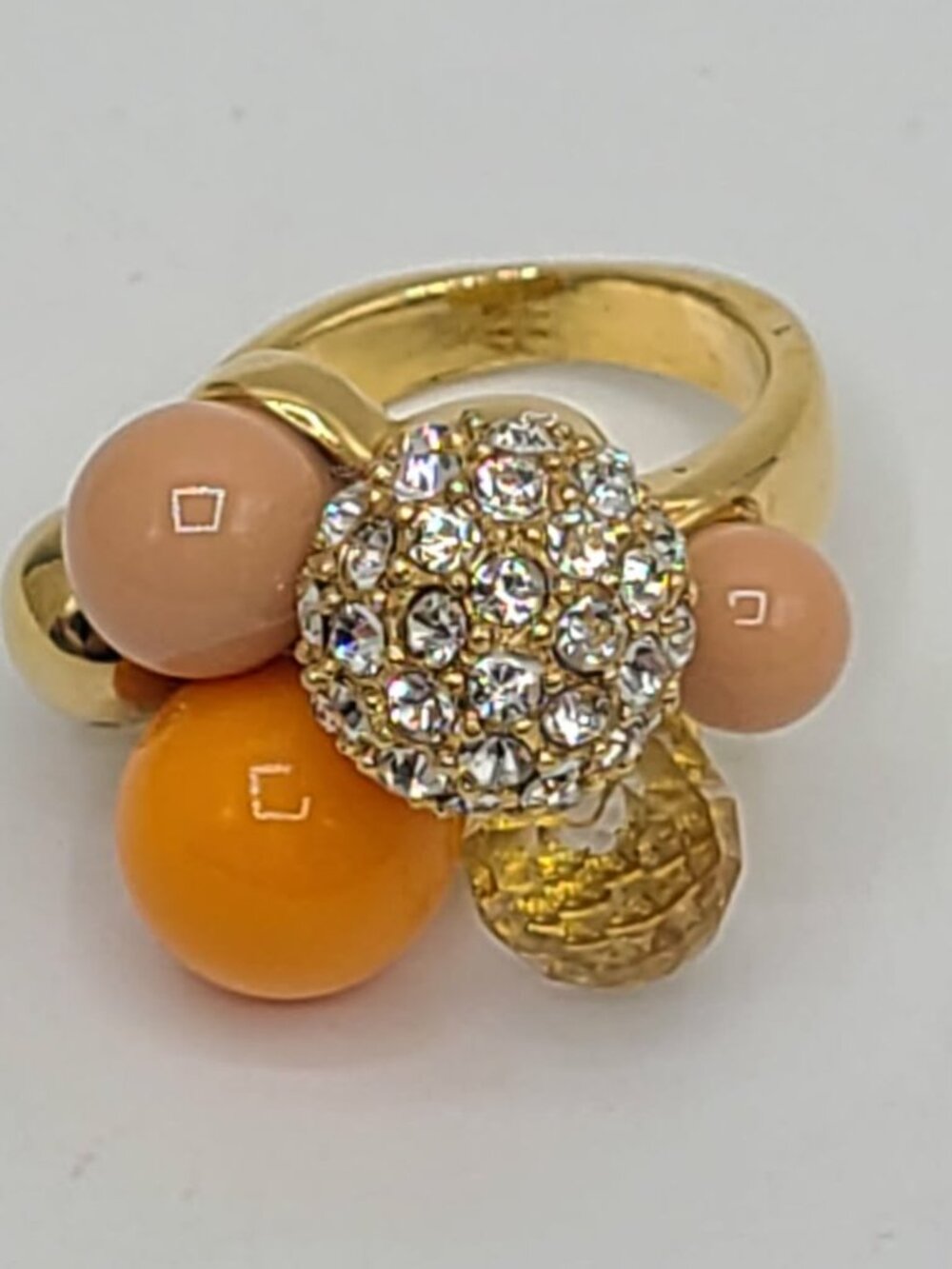 J Crew Coral Pink Clear  Crystal Pave Ball Gold Tone Cluster Ring size 5 3/4